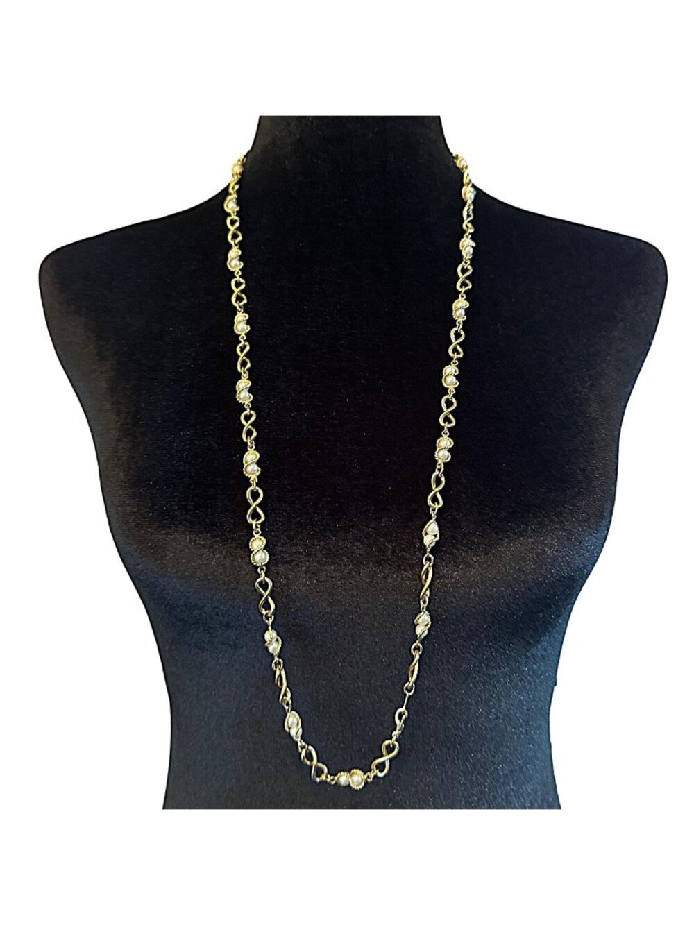 Vintage Gold Tone Faux Pearl Long Necklace 36 Inch Elegant Chain Jewelry Womens